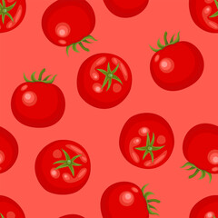 Tomatoes on red background. Seamless pattern with fresh ripe vegetables. Vector cartoon flat illustration. 