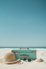 Summer Vibes: Vintage Suitcase, Sun Hat, Sunglasses, and Seashell on Tropical Beach with Clear Blue Skies and Tranquil Ocean Waves