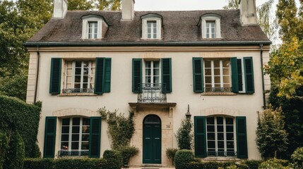 Fototapeta premium French country home with dark green shutters, adding an elegant touch to classic architecture