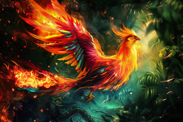 Obraz premium Fantastically beautiful mythological bird phoenix from bright fire