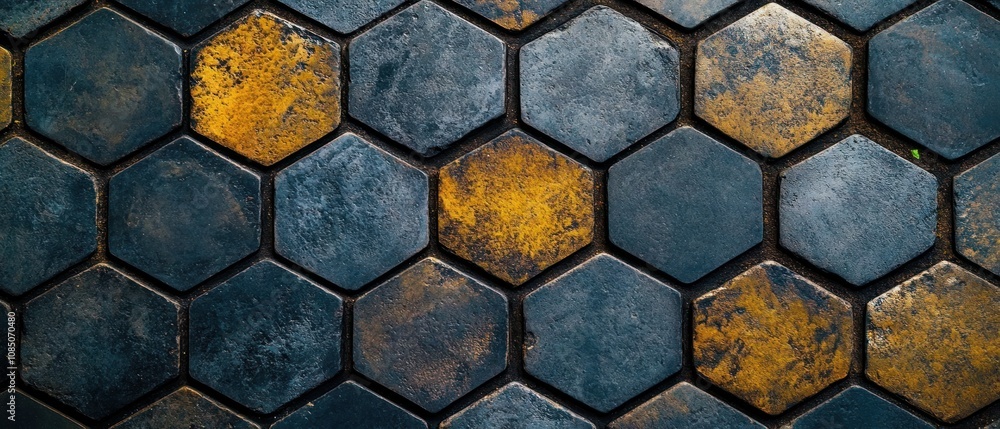 Poster a close-up view of hexagonal tiles with a mix of dark and rusty colors.