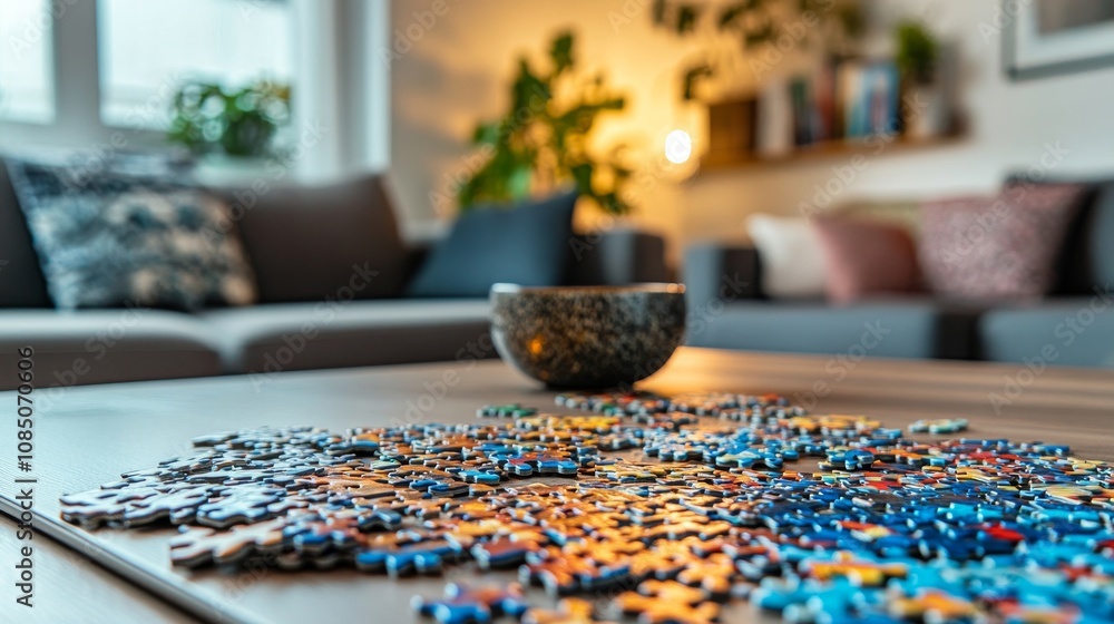 Aufkleber A tidy puzzle workspace with puzzle pieces and a partially completed puzzle neatly arranged on a table, A cozy room with soft ambient lighting and comfortable seating, Minimalist recreational style