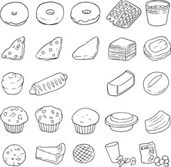 vector icon outline set bakery. Such as donuts, croissants, cookies. Isolated background. Black lines. Vector set