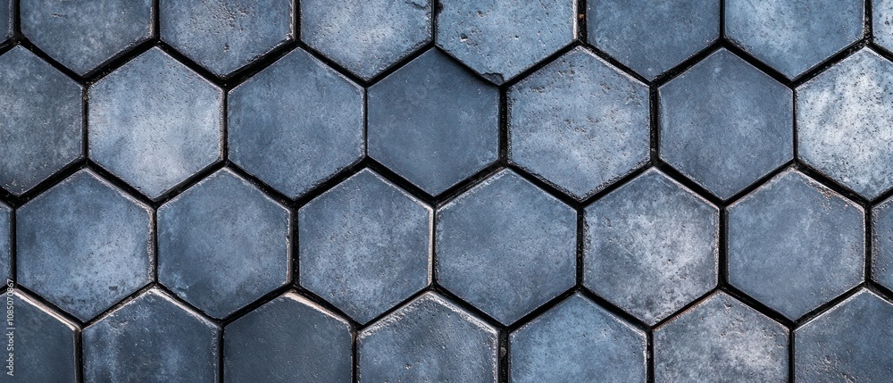 Poster a close-up view of hexagonal tiles in varying shades of blue.