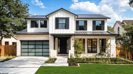 Modern home with black shutters on windows, contrasting with white siding for a sleek finish