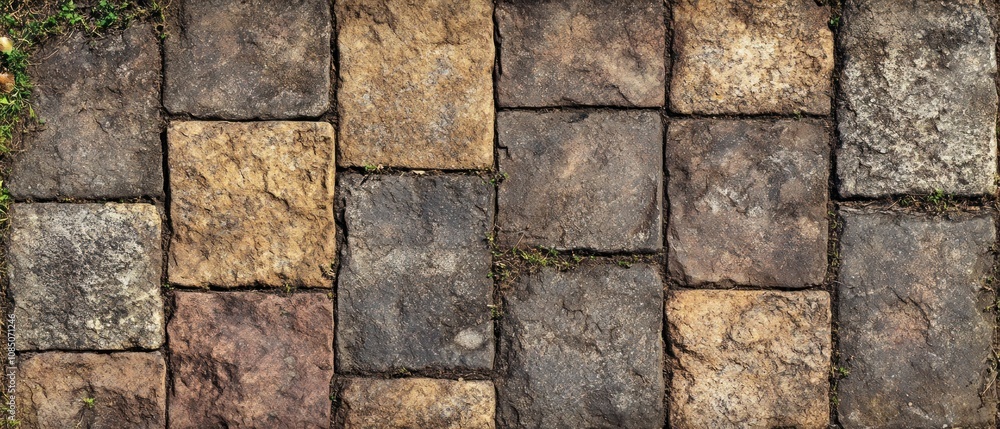 Poster a close-up view of textured stone paving with grass in between.