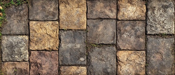 Fototapeta premium A close-up view of textured stone paving with grass in between.