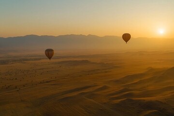 Fototapeta premium Soaring Above the Desert: A Serene Hot Air Balloon Sunset Experience