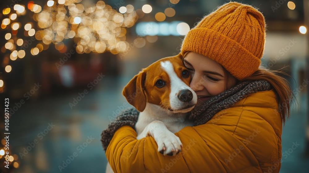 Poster excited new pet owner hugging a rescue dog in a bright adoption center celebrating new beginnings wi