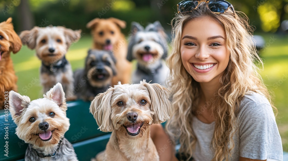 Poster friendly pet sitter sitting on a park bench surrounded by playful dogs of various sizes in a comfort