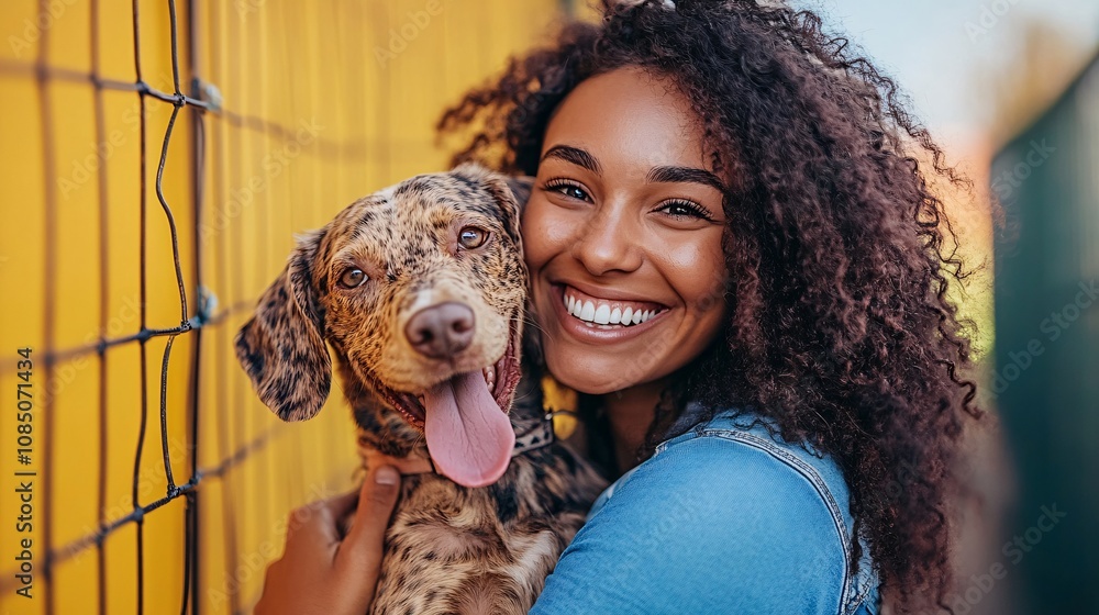 Poster excited new pet owner hugging a rescue dog in a bright adoption center celebrating new beginnings wi