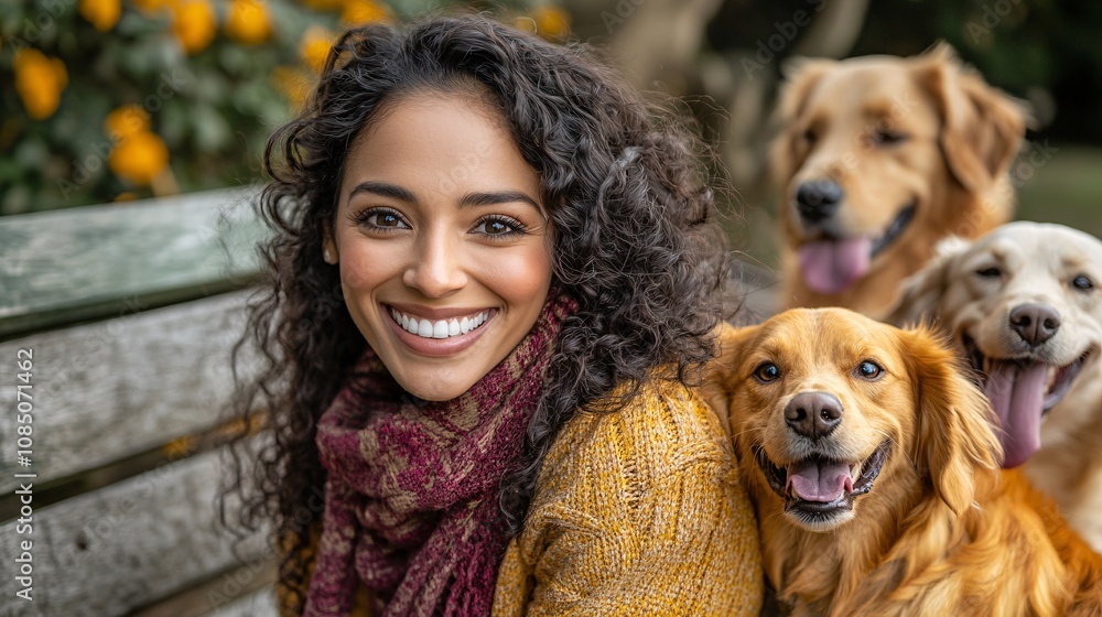 Poster friendly pet sitter sitting on a park bench surrounded by playful dogs of various sizes in a comfort