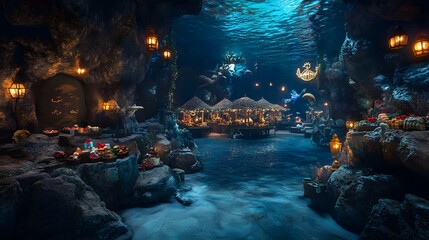 Underwater Fantasy Landscape with Glowing Lanterns and Festive Market Stalls in a Magical Cave Surrounded by Lively Sea Creatures and Enchanting Atmosphere