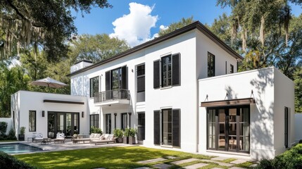 Modern white house with charcoal shutters on windows, adding a sleek contrast to the facade