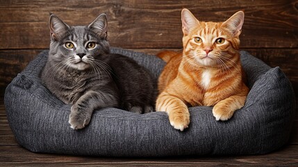 Two cats lying on cozy beds in a pet boarding facility showing a clean and safe space for pet care with side empty space for text Stockphoto style