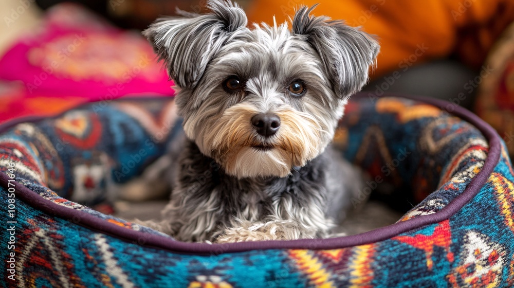 Poster Small dog relaxing in a stylish bed with patterned blankets and a cozy vibe capturing quality pet furniture with side empty space for text Stockphoto style