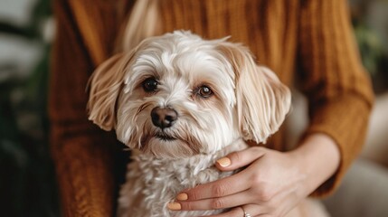 Groomer carefully trimming a small dogs fur in a well-equipped salon showing professional pet grooming services with side empty space for text Stockphoto style