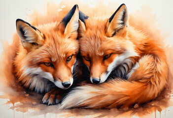 Fototapeta premium Two foxes cuddling with soft fur in artistic style