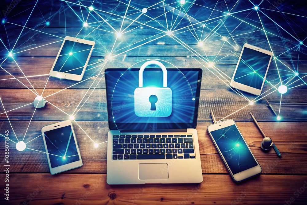 Poster vintage style photograph of a lock symbol hovering over a network of interconnected devices, represe