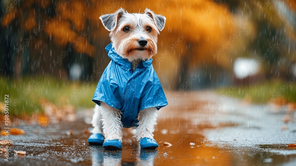 Poster dog wearing a raincoat and booties standing on a wet sidewalk during a rainy day showing practical p