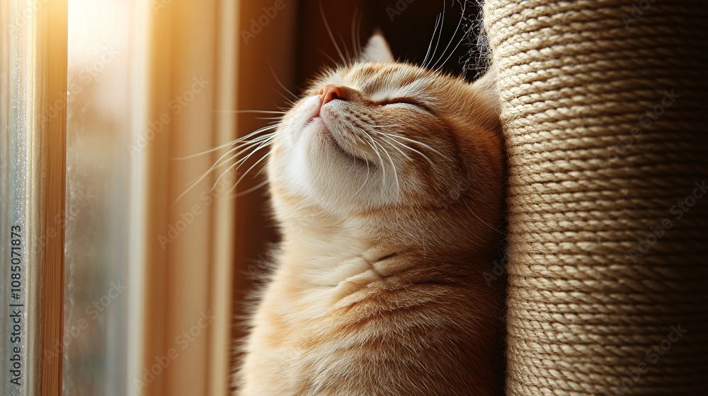 Fototapete Friendly cat perched on a scratching post with soft textures in a pet supply store showing quality pet accessories with side empty space for text Stockphoto style