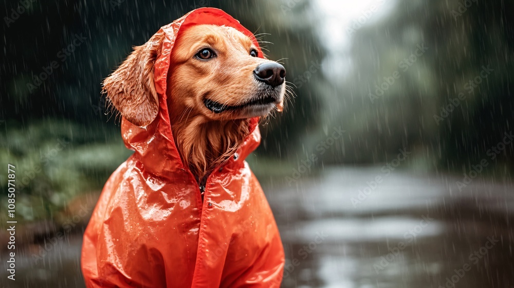 Poster Dog wearing a raincoat and booties standing on a wet sidewalk during a rainy day showing practical pet apparel with side empty space for text Stockphoto style