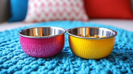 Pet hotel room setup with cozy bedding and food bowls showing pet-friendly accommodations with side empty space for text Stockphoto style