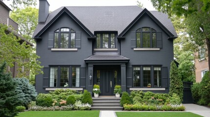 Naklejka premium Stylish gray house with matching gray shutters, creating a monochrome and modern look