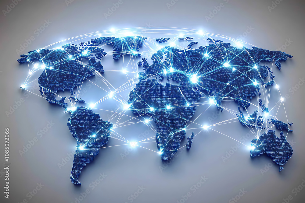 Poster a digital representation of a global network with interconnected nodes across a world map.