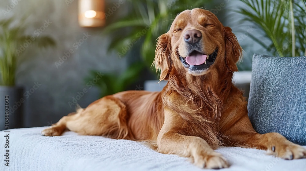 Poster pet-friendly spa with a relaxed golden retriever getting a gentle massage showing premium pet pamper