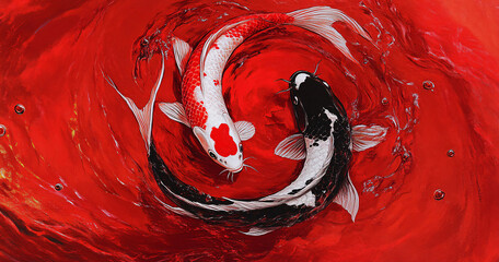 fancy carps swimming symbolizes yin and yang, Doitsu Yamabukiogon , Hikari Mujimono.  koi fish swimming together in carp pond. It's Taoist symbol that represents interconnected power of universe.