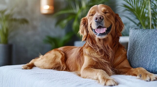 Pet-friendly spa with a relaxed golden retriever getting a gentle massage showing premium pet pampering services with side empty space for text Stockphoto style