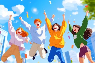 5 people jumping in the air with their arms raised, against a blur background, in the style of illustration