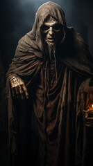 Naklejka premium A medium shot of a scary character posing, with an eerie expression and dramatic lighting, creating a chilling atmosphere.