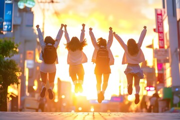 5 people jumping in the air with their arms raised, against a blur background, in the style of illustration