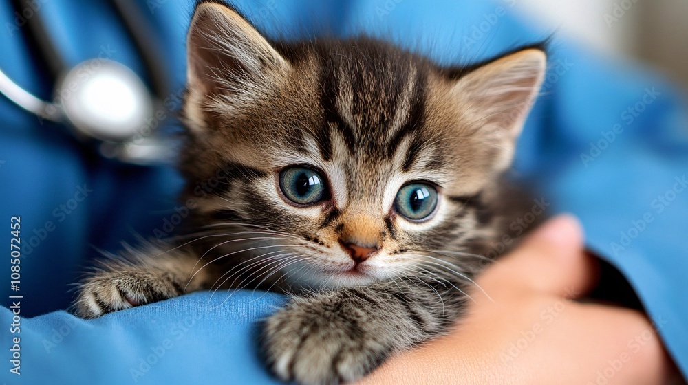 Poster veterinarian gently handling a kitten in a clean, bright exam room showing trust and care in pet hea