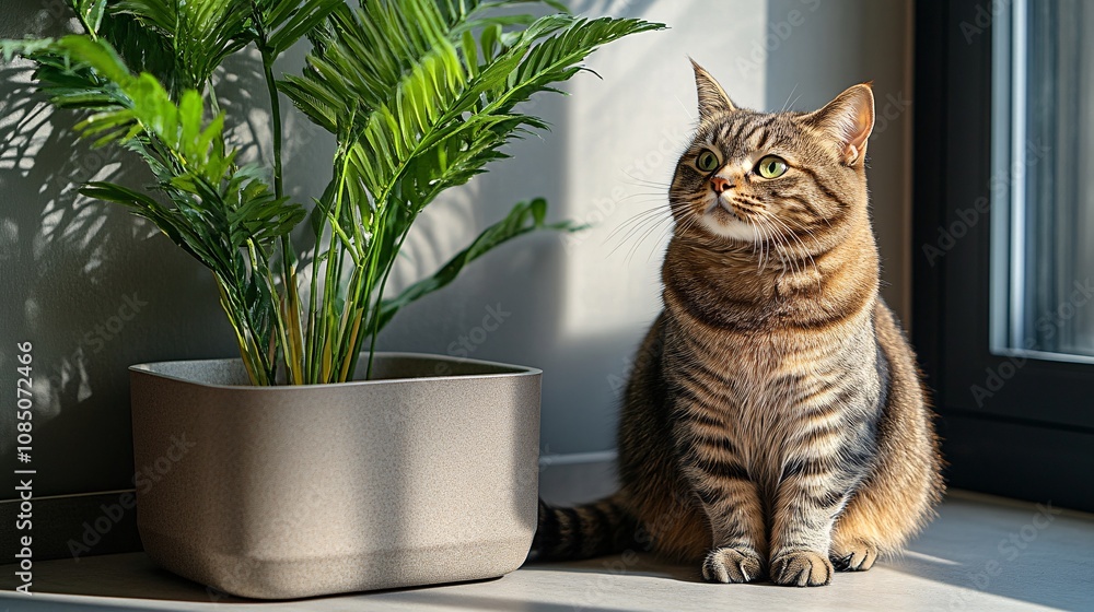Aufkleber cat sitting next to an eco-friendly litter box in a minimalist home setting highlighting sustainable