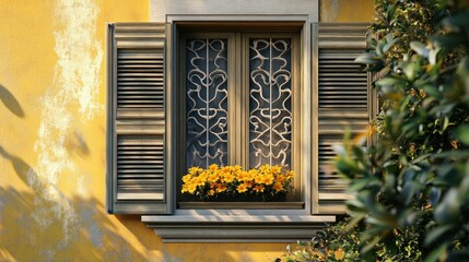 Vintage shutters with unique cut-out designs on a window, creating an artistic exterior accent
