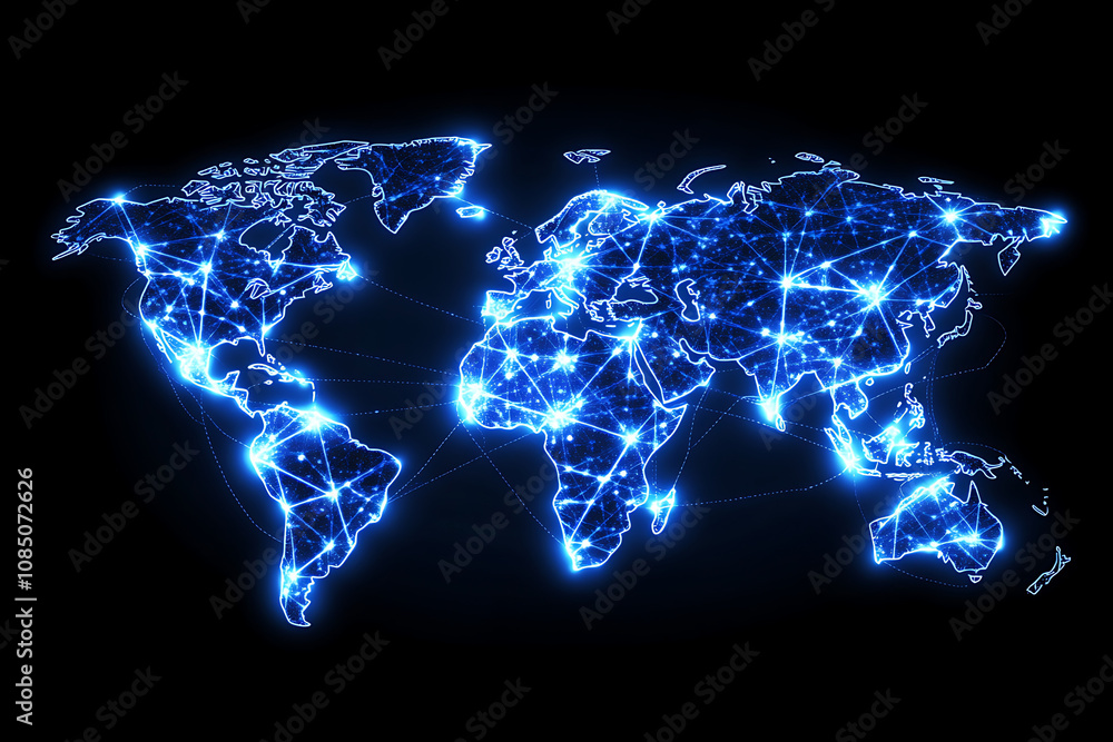 Poster a glowing digital map of the world illustrating global connectivity and networks.