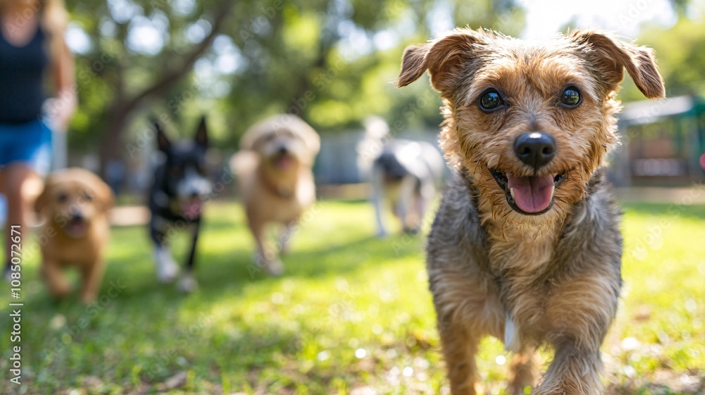 Poster dog daycare with attentive staff playing with dogs in a spacious play area showing safe and enjoyabl