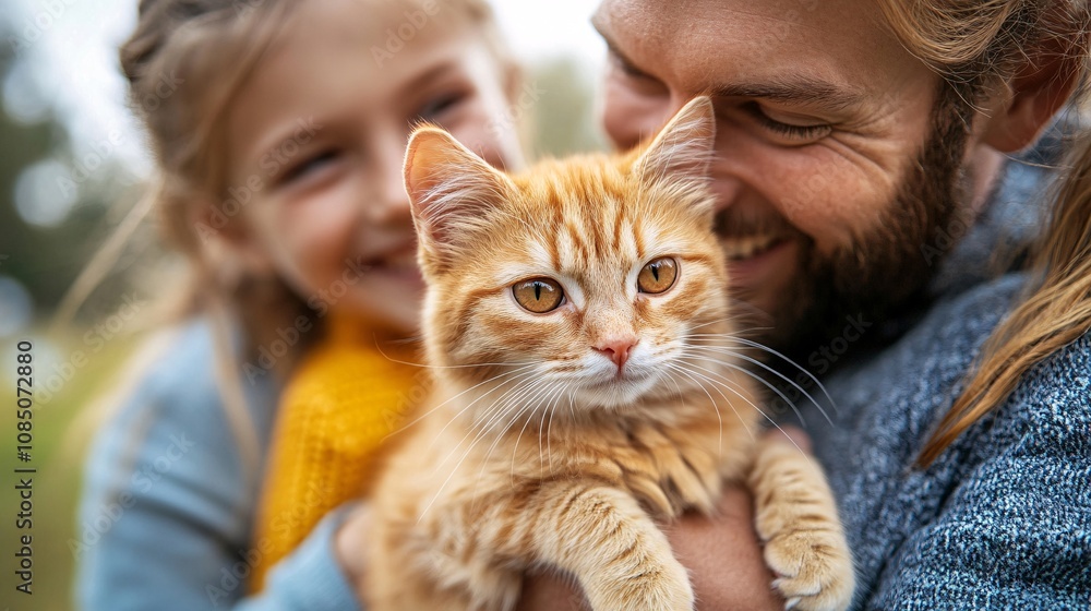 Poster pet adoption scene with smiling family welcoming a new kitten home radiating warmth and happiness wi