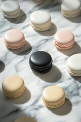 Obraz premium Elegant assortment of colorful macarons arranged on a marble background, featuring classic flavors and a striking black macaron as the focal point.