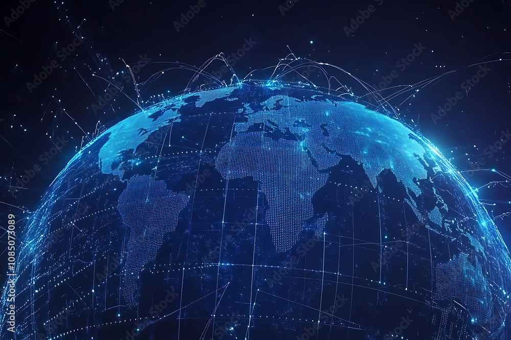 Poster a digital representation of earth with interconnected data points and networks.