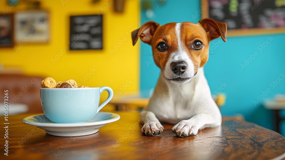 Aufkleber pet-friendly cafe interior with a happy dog sitting beside owner enjoying treats in a relaxed settin