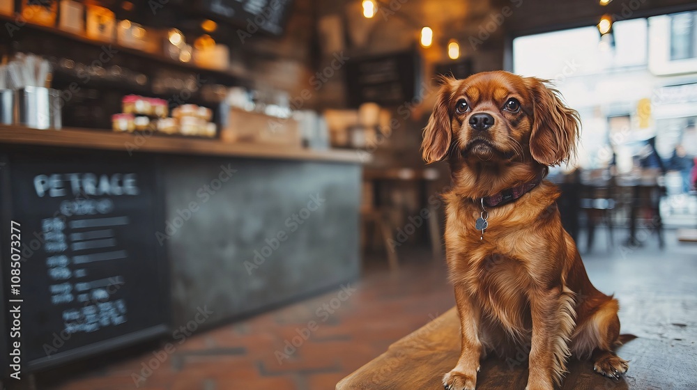 Poster pet-friendly cafe interior with a happy dog sitting beside owner enjoying treats in a relaxed settin
