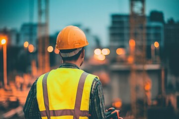 Construction Worker Overseeing Project at Dusk: Safety Helmet, Reflective Vest, and City Skyline in Background, Highlighting Urban Development and Labor.
