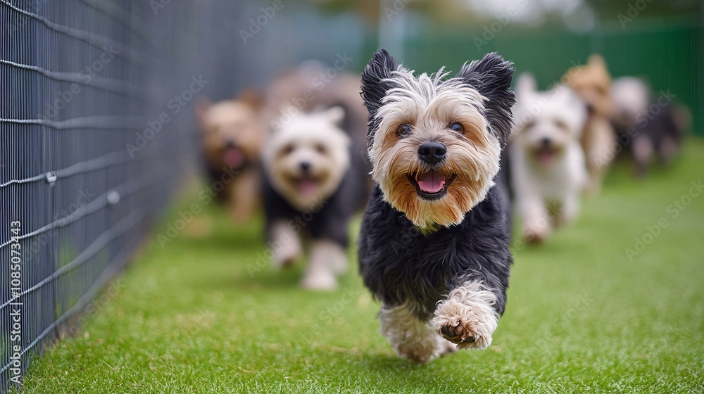 Poster Group of friendly dogs running and playing in a large, fenced pet park capturing social pet activities with side empty space for text Stockphoto style