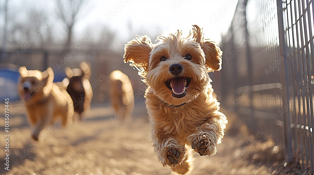 Poster group of friendly dogs running and playing in a large, fenced pet park capturing social pet activiti