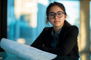 Confident young female architect reviewing blueprints at a modern office, showcasing professionalism and creativity in an urban setting.