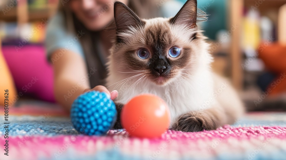 Poster Pet owner exploring colorful pet toys with their curious cat in a store showcasing premium pet products with side empty space for text Stockphoto style